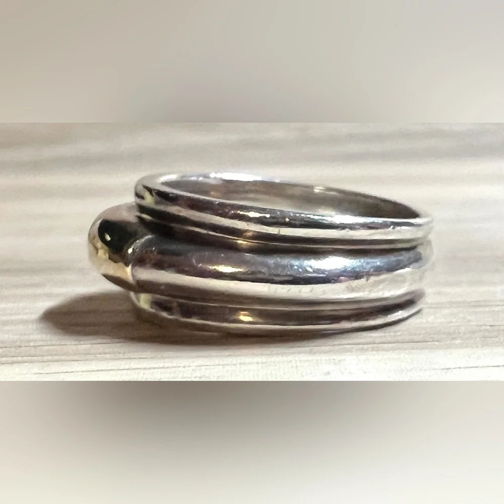 Vintage Designer Ilias Lalaounis Sterling Silver & 14K Gold Band Ring, Size 6.5